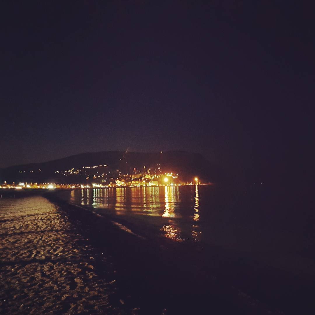 Photo of a beach at night with city lights in the distance