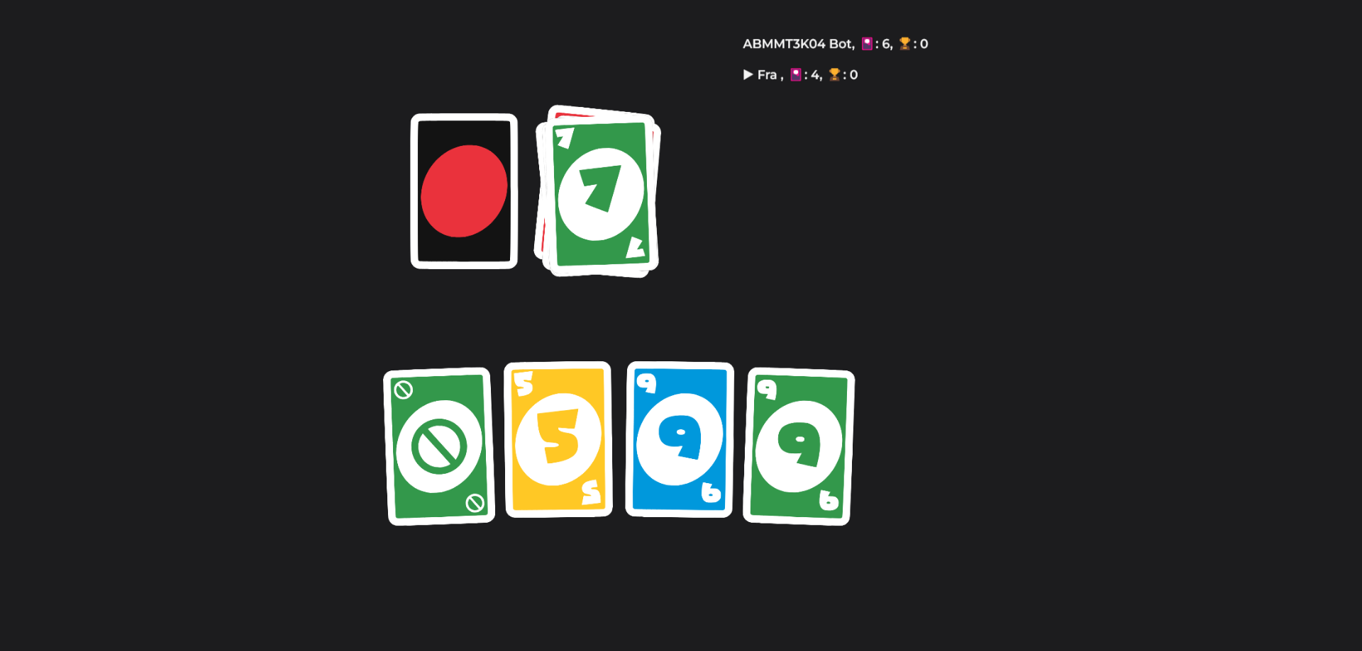 Image showing a game of UNO taking place against an AI on uno.fratorgano.me